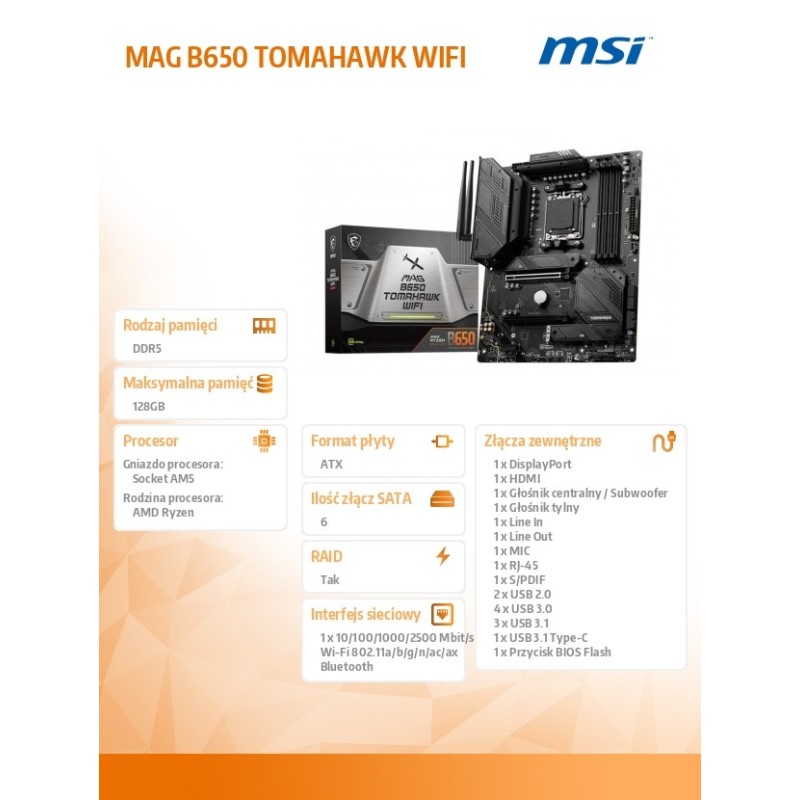Płyta MSI MAG B650 TOMAHAWK WIFI /AMD B650/DDR5/SATA