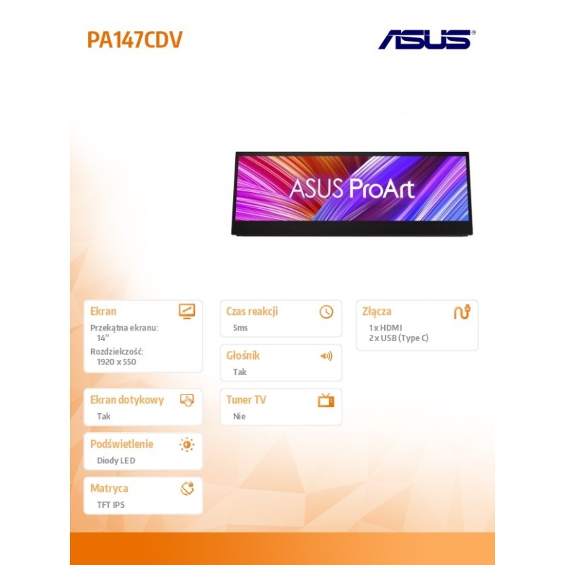 Asus Monitor 14 cali PA147CDV BK/5MS/EU/HDMI+TYPEC*2 | PartsPC.pl
