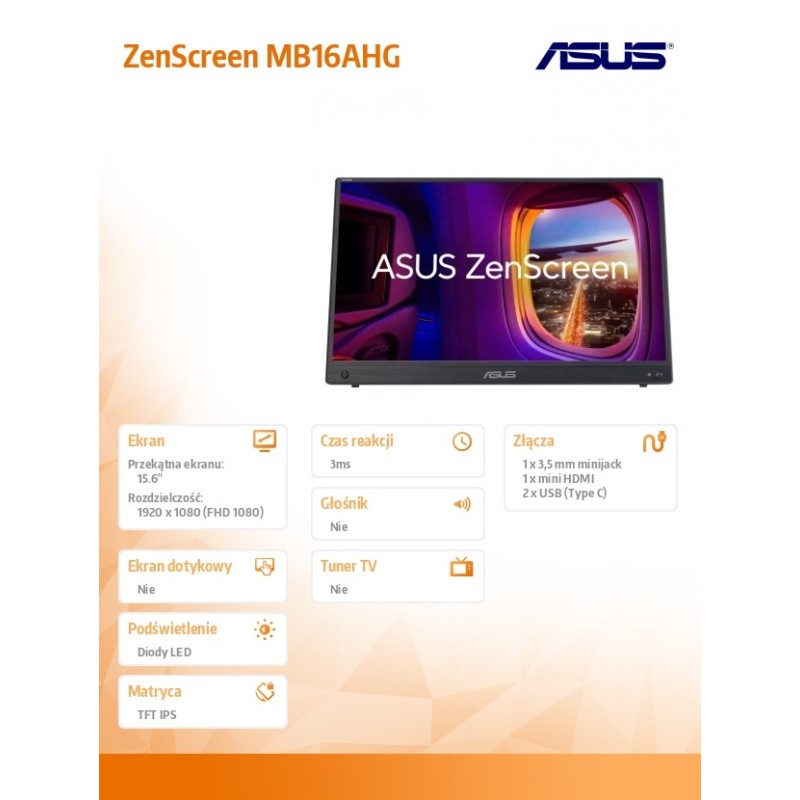 Monitor Asus 15,6" ZenScreen MB16AHG microHDMI 2xUSB-C | PartsPC.pl