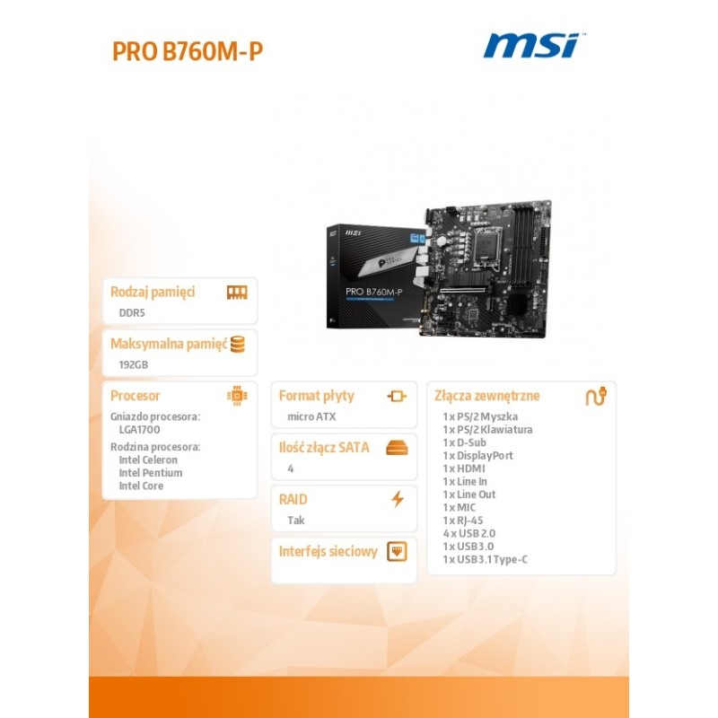 Płyta MSI PRO B760M-P /B760/DDR5/SATA3/M.2/USB3.0/PCIe4.0/s.… | PartsPC.pl