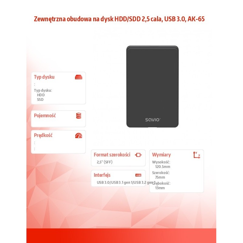 Savio Zewnętrzna obudowa na dysk HDD/SDD 2,5 cala, USB 3.0, … | PartsPC.pl