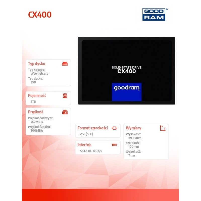 Dysk SSD GOODRAM CX400 GEN.2 2TB SATA III 2,5" (550/500) 7mm
