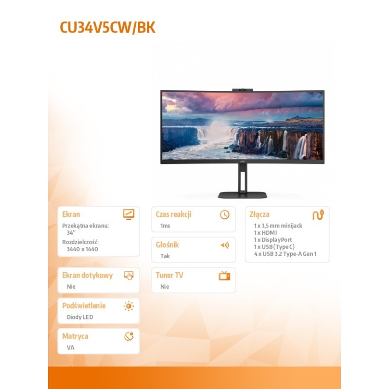 Monitor AOC 34" CU34V5CW/BK HDMI DP USB-C głośniki