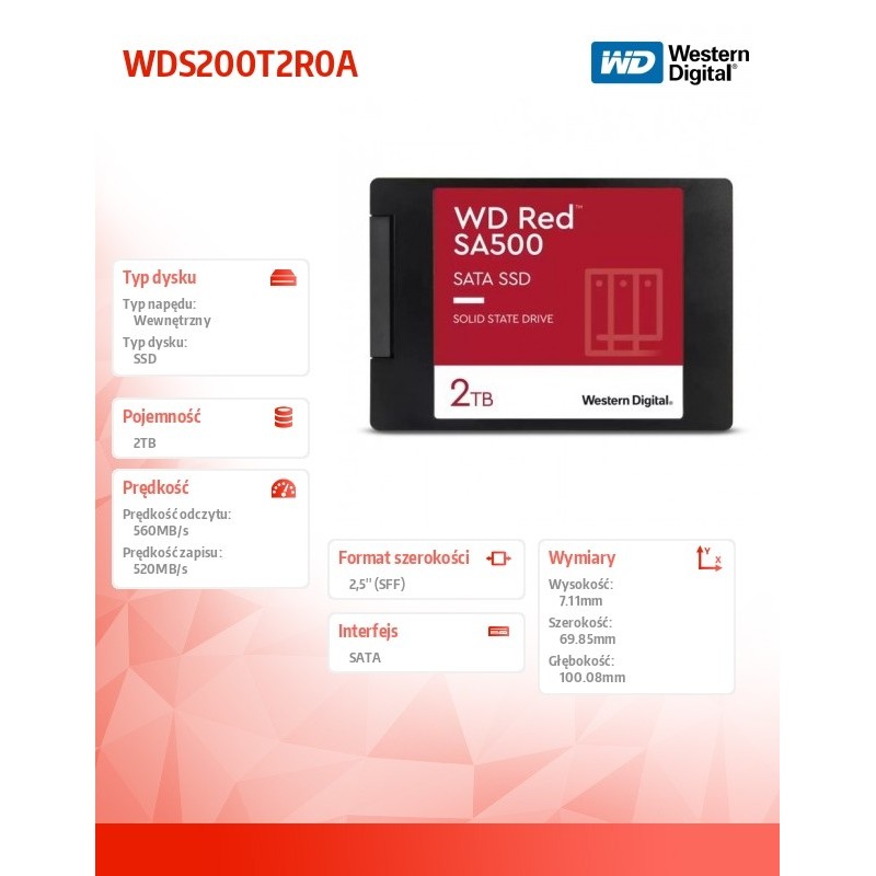 WD Red™ SA500 SATA SSD 2,5"/7 mm POWERED BY SANDISK 2 TB | PartsPC.pl
