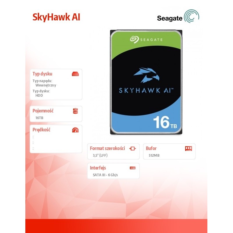Dysk SEAGATE SkyHawk AI ST16000VE004 16TB 3,5" 512MB SATA II… | PartsPC.pl