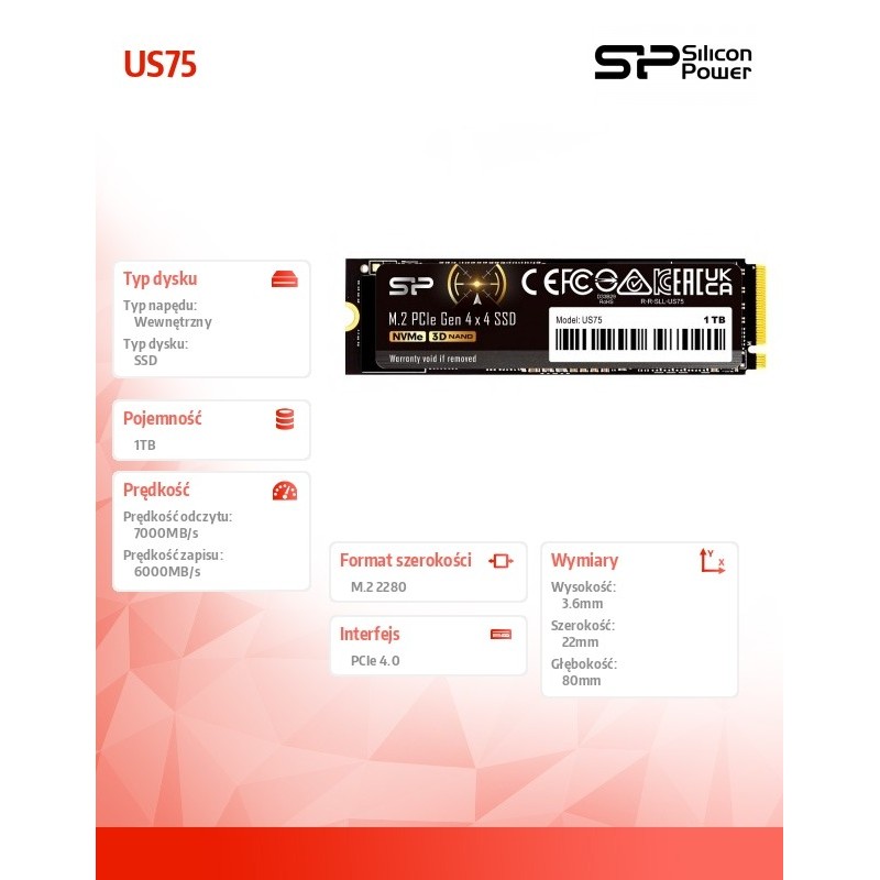 Dysk SSD Silicon Power US75 1TB M.2 PCIe Gen4x4 NVMe 1.4 (7000/6000 MB/s)