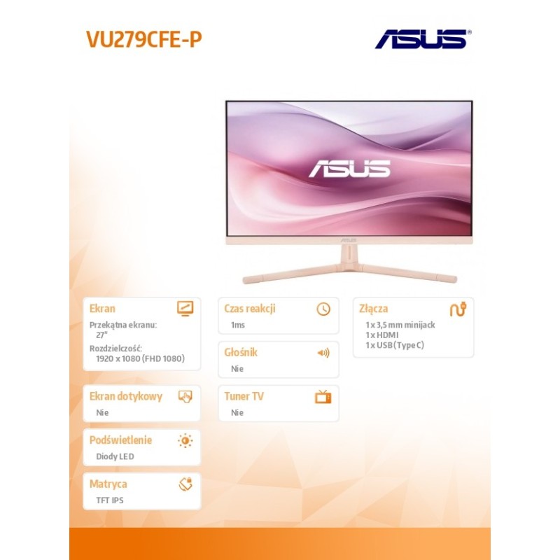 Monitor Asus 27" Eye Care Gaming Monitor VU279CFE-P HDMI USB-C Rose Clay