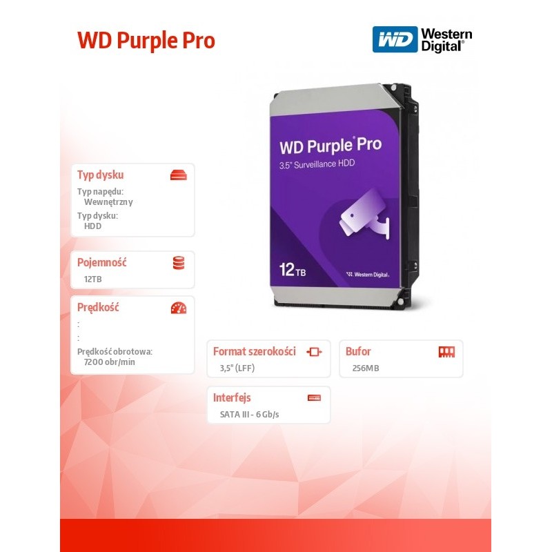 Dysk WD Purple™ Pro WD122PURP 12TB 3.5" 7200 512MB SATA III… | PartsPC.pl