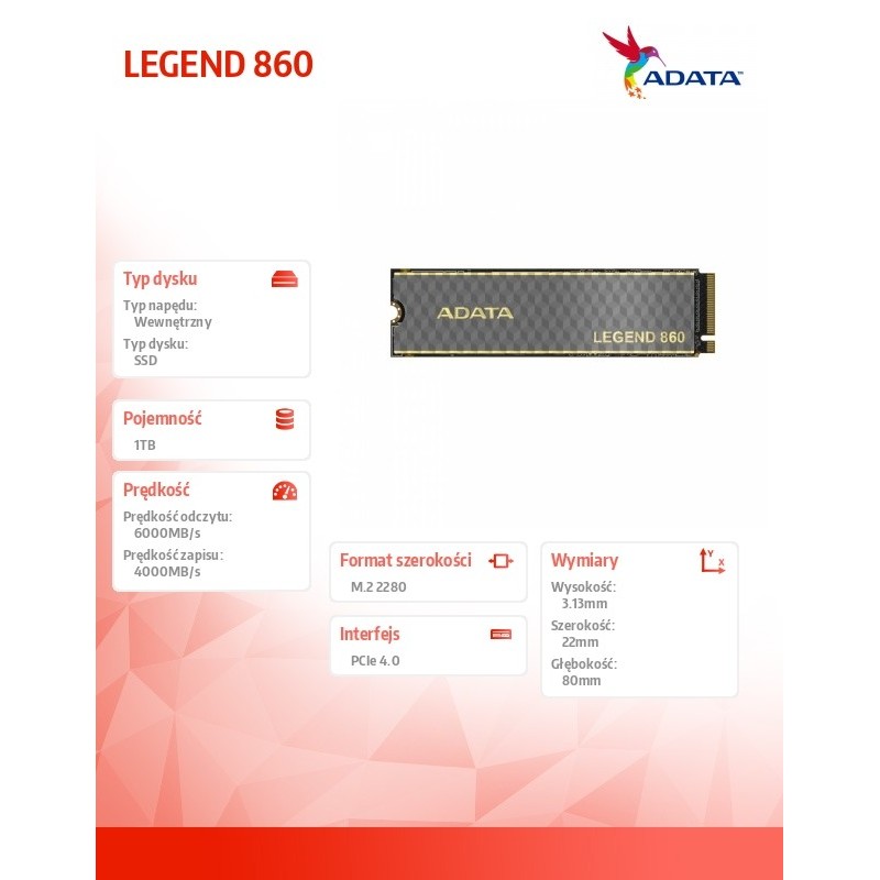 Adata Dysk SSD LEGEND 860 1TB PCIe 4x4 6000/4000 MB/s M.2 | PartsPC.pl