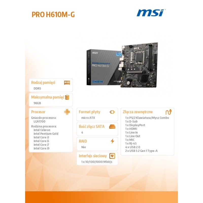 Płyta MSI PRO H610M-G /H610/DDR5/SATA3/M.2/USB3.0/PCIe4.0/s.… | PartsPC.pl