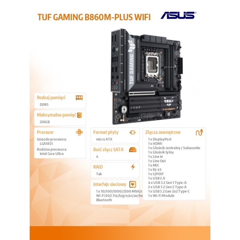 Asus Płyta główna TUF GAMING B860M-PLUS WIFI s1851 4DDR5 USB… | PartsPC.pl