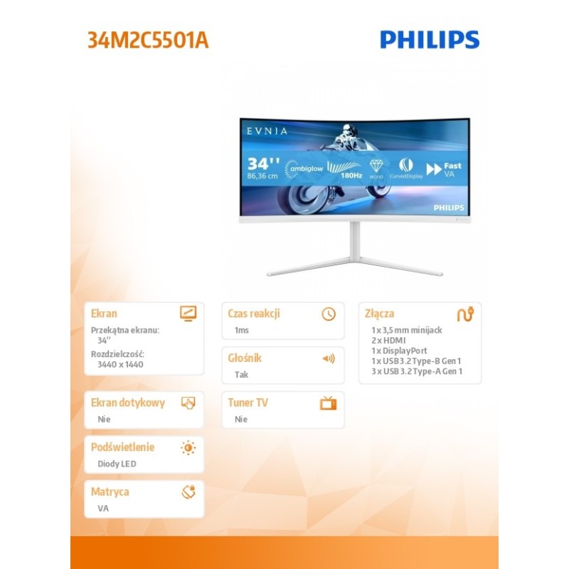 Monitor Philips 34" 34M2C5501A/00 VA 1440p 180Hz 2xHDMI DP 4… | PartsPC.pl