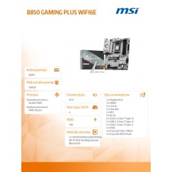 MSI Płyta główna B850 GAMING PLUS WIFI6E AM5 4DDR5 ATX | PartsPC.pl