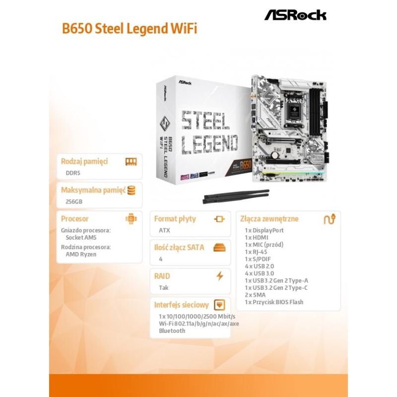 ASRock Płyta główna B650 STEEL LEGEND WIFI AM5 4DDR5 HDMI/DP… | PartsPC.pl