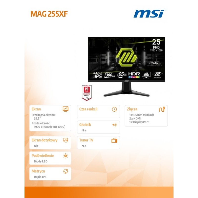 MSI Monitor MAG 255XF 24.5 cala/LED/FHD/Flat/300Hz/Black | PartsPC.pl