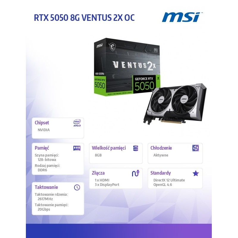 Karta VGA MSI GeForce RTX 5050 8G Ventus 2X OC 8GB GDDR6 128… | PartsPC.pl