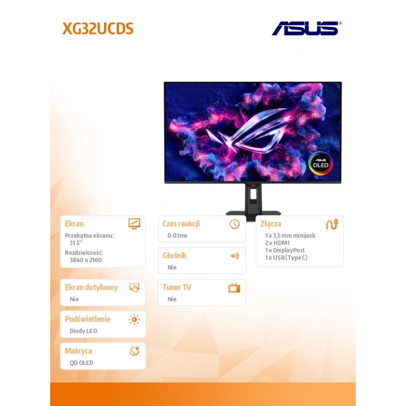 Monitor Asus 31,5" ROG Strix OLED XG32UCDS 4K UHD 165Hz 2xHD… | PartsPC.pl
