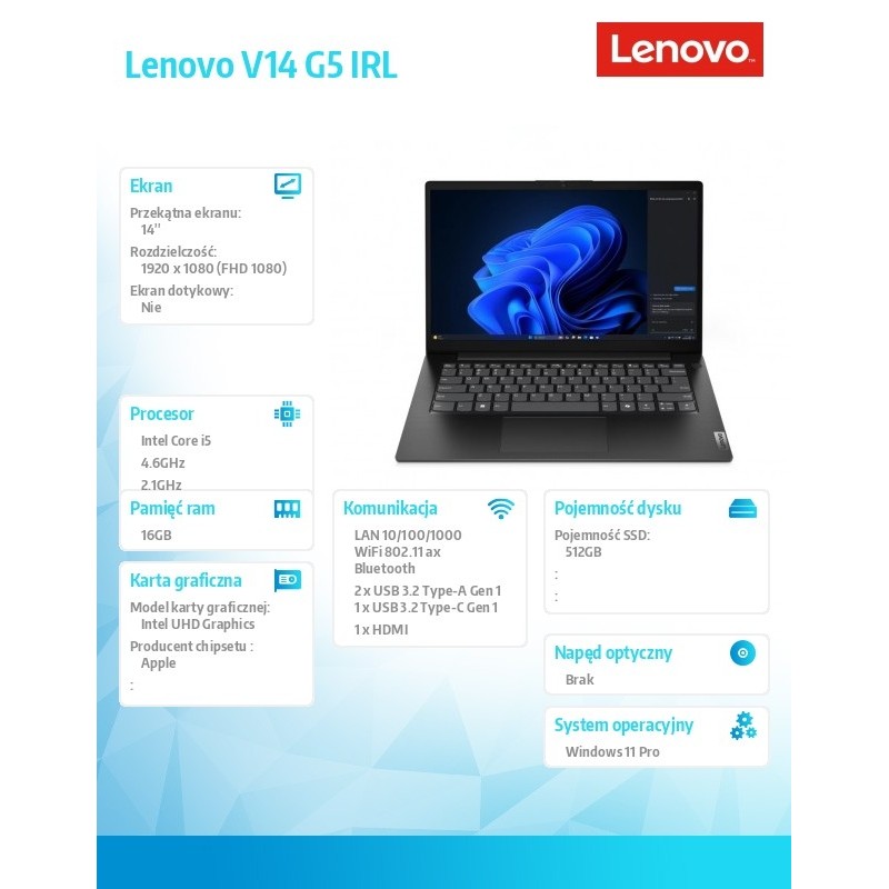 Notebook Lenovo V14 G5 IRL 14"FHD/i5-13420H/16GB/SSD512GB/UH… | PartsPC.pl
