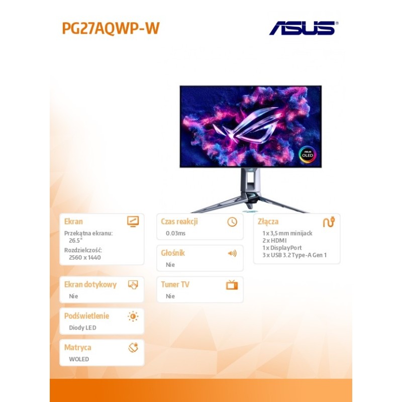 Asus Monitor 26.5 cala PG27AQWP-W OLED 540Hz 0.03 HDMI DP | PartsPC.pl