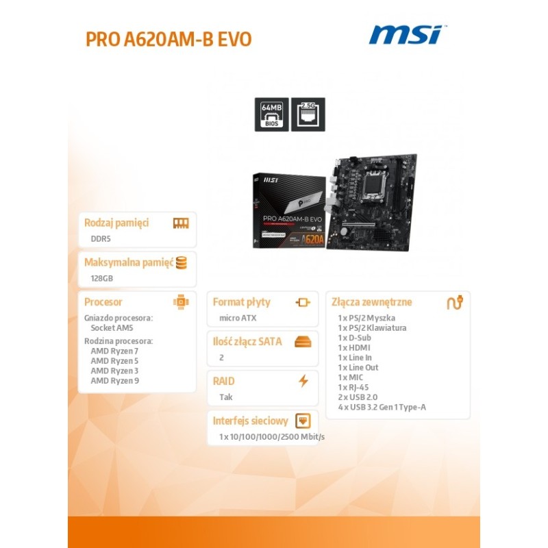 Płyta MSI PRO A620AM-B EVO /AMD A620/DDR5/SATA3/M.2/USB3.0/P… | PartsPC.pl