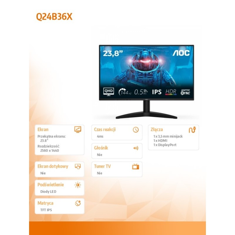 AOC Monitor Q24B36X 23.8 cala IPS 144Hz HDMI DP | PartsPC.pl