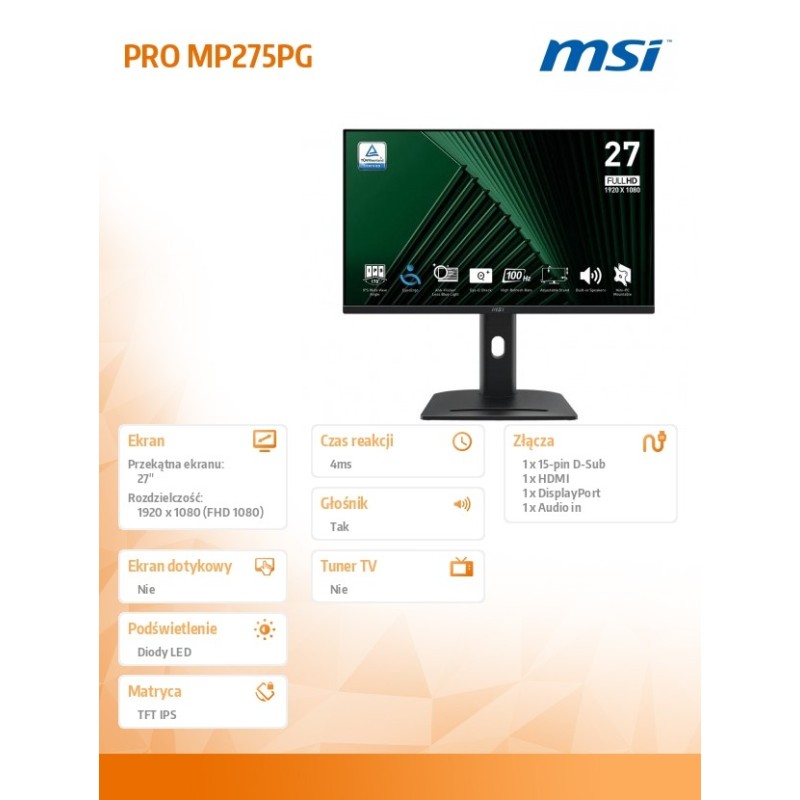 Monitor MSI 27" PRO MP275PG IPS FHD 100Hz HDMI DP VGA głośniki