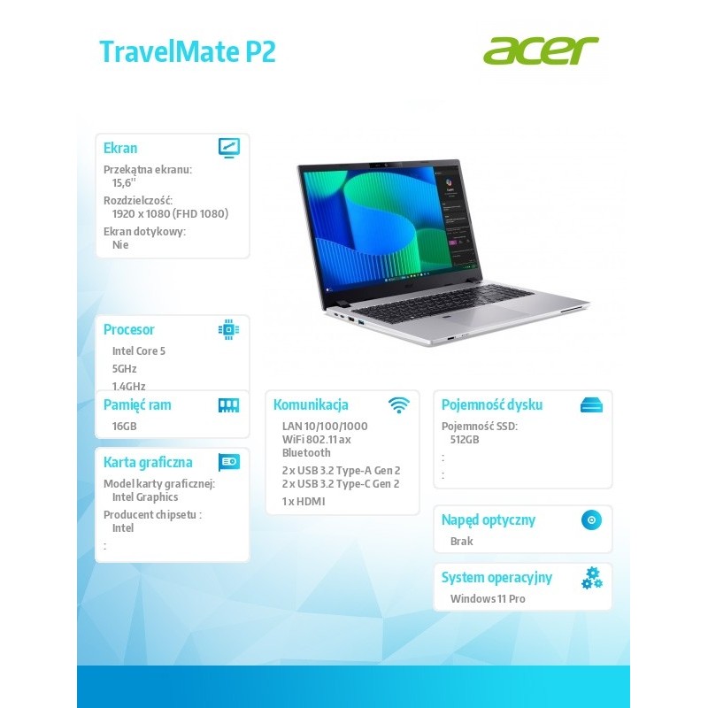 Notebook Acer TravelMate P2 TMP215-55-TCO 15.6"FHD/Core 5 | PartsPC.pl