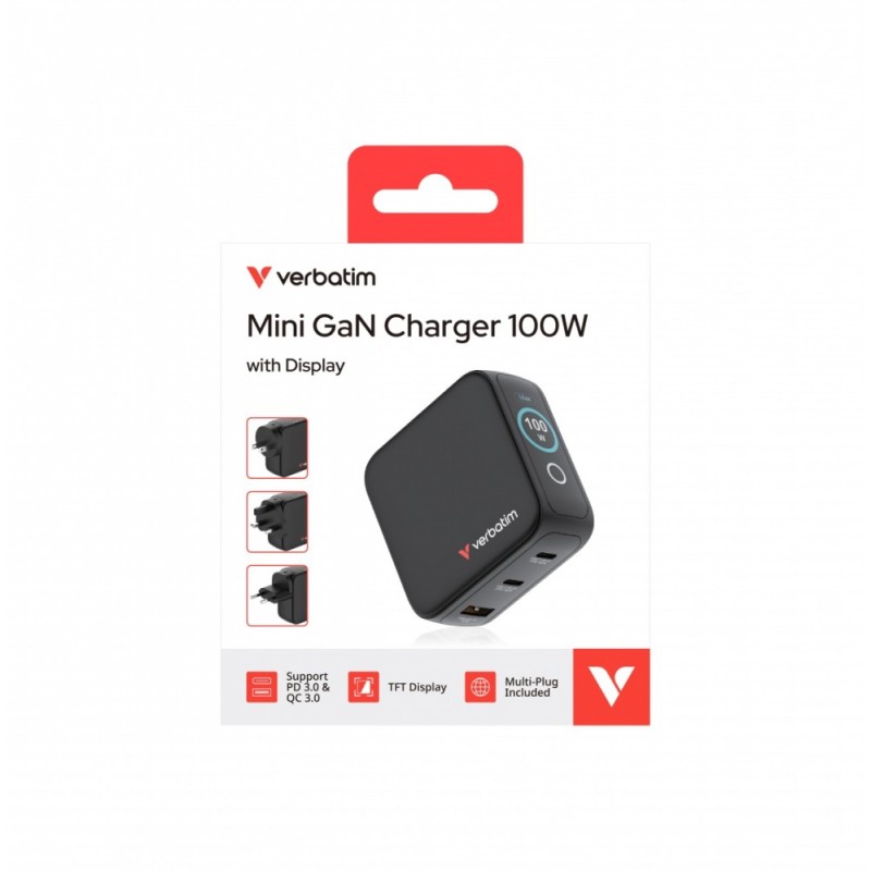 Ładowarka Mini GaN 100W Smart TFT 2xUSB-C 1xUSB-A UE/UK/USA | PartsPC.pl