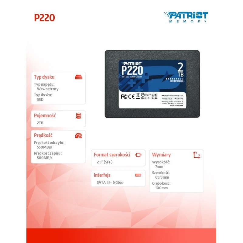 Patriot Dysk SSD 2TB P220 2.5 inches 550/500MB/s SATA III | PartsPC.pl