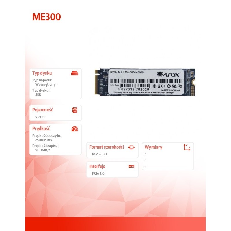 AFOX Dysk SSD ME300 M.2 PCI-Ex4 512GB TLC 2.5 GB/s NVMe | PartsPC.pl