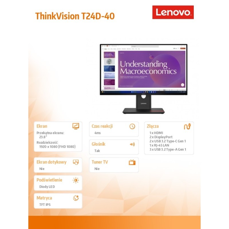 Lenovo Monitor ThinkVision T24D-40 23.8 cala 64B9GAT1EU | PartsPC.pl