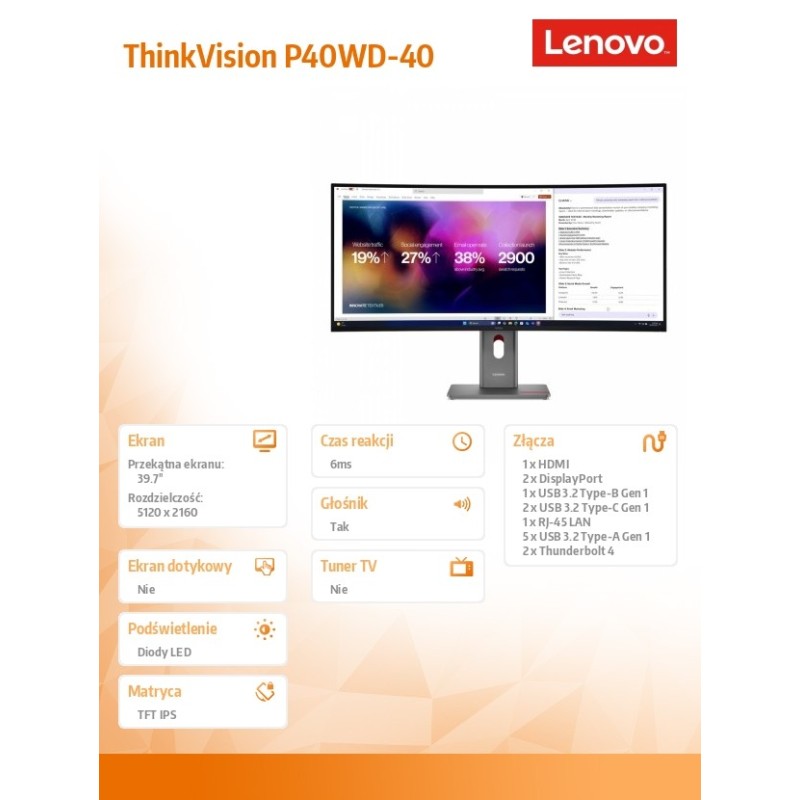 Monitor 39.7 cala ThinkVision P40WD-40 64B4XAT1EU | PartsPC.pl