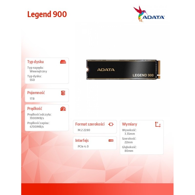 Adata Dysk SSD Legend 900 1TB PCIe 4x4 7/4.7 GB/s M2 | PartsPC.pl