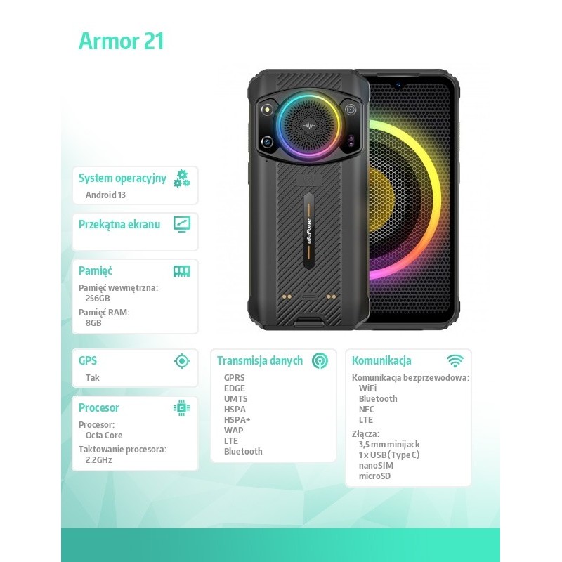ULEFONE Smartfon Armor 21 4G 8/256GB IP69K głośnik 122dB RGB… | PartsPC.pl
