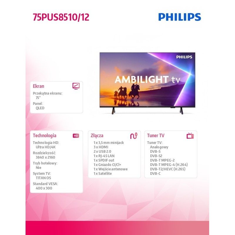 Philips Telewizor QLED 75 cali 75PUS8510/12 | PartsPC.pl