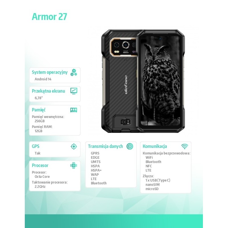 ULEFONE Smartfon Armor 27 4G 12/256GB IP69K Czarny | PartsPC.pl