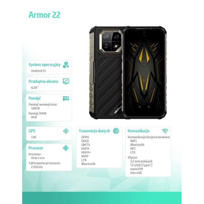 ULEFONE Smartfon Armor 22 4G 8/128GB IP69K czarny | PartsPC.pl