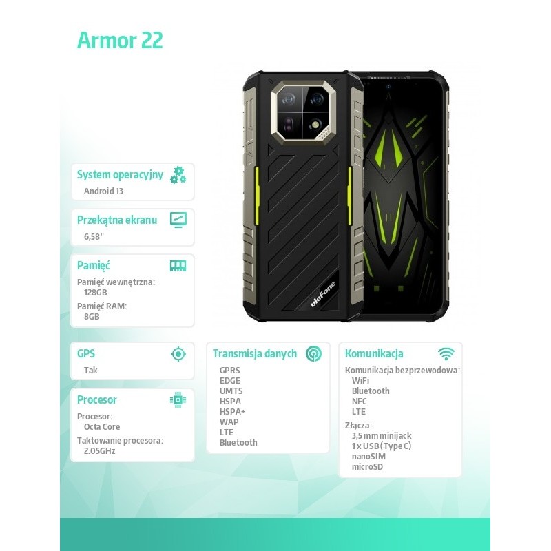 ULEFONE Smartfon Armor 22 4G 8/128GB IP69K zielony | PartsPC.pl