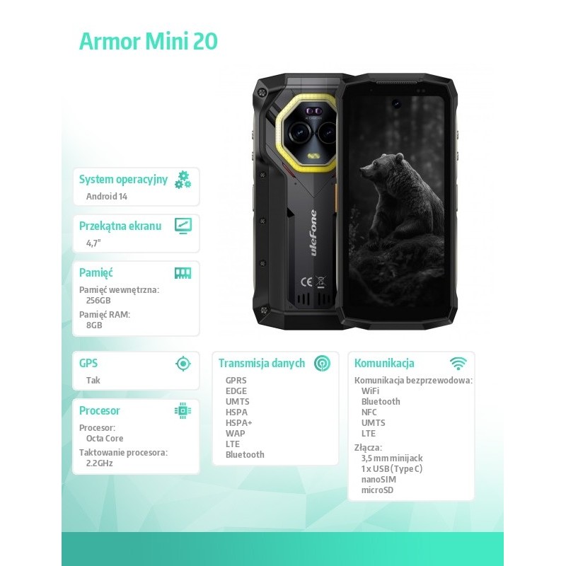 ULEFONE Smartfon Armor Mini 20 4G 8/256GB IP69K czarny | PartsPC.pl