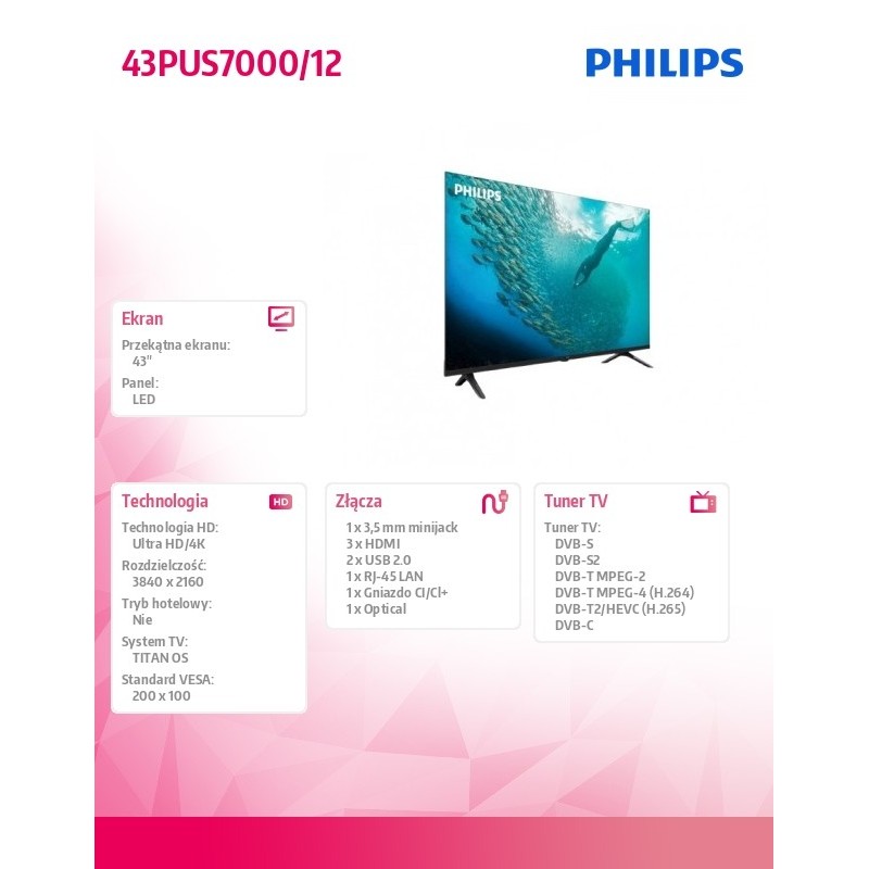 Philips Telewizor LED 43 cale 43PUS7000/12 | PartsPC.pl