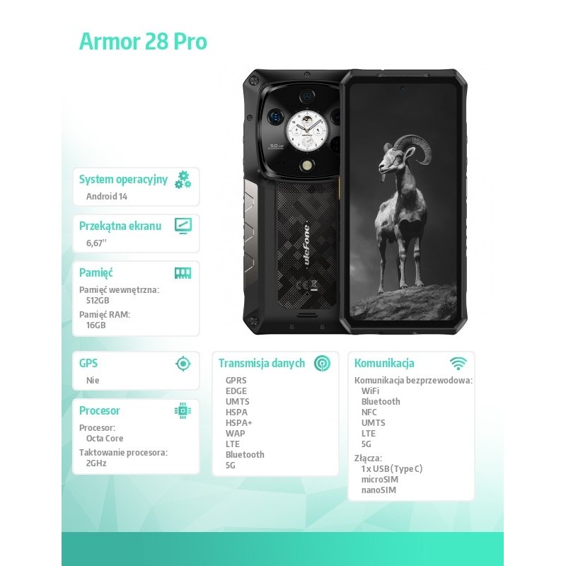 ULEFONE Smartfon Armor 28 Pro 5G 16/512GB IP69K czarny | PartsPC.pl