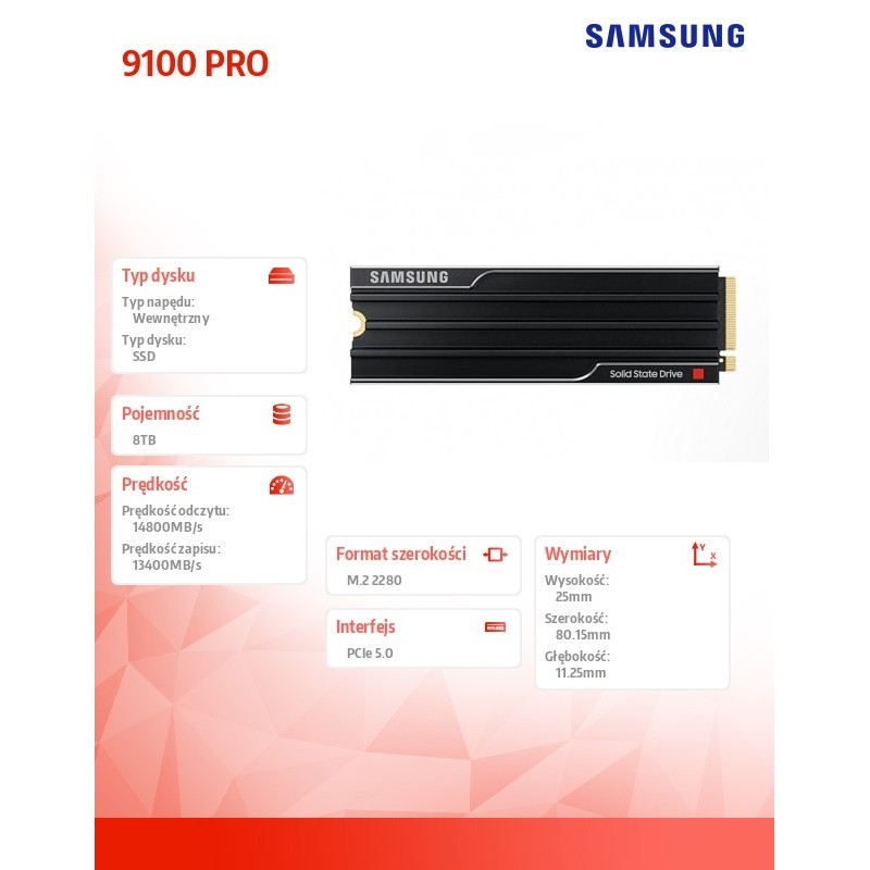 Samsung Dysk SSD 9100 PRO 8TB Heatsink NVMe MZ-VAP8T0CW | PartsPC.pl