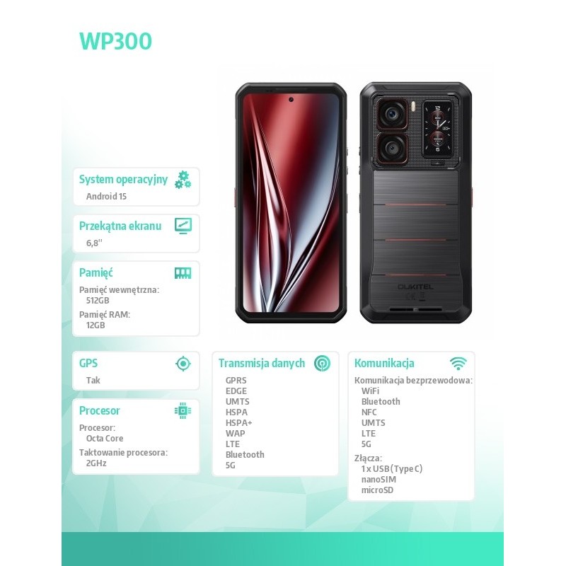 OUKITEL Smartfon WP300 5G 12/512GB IP69K czarny | PartsPC.pl