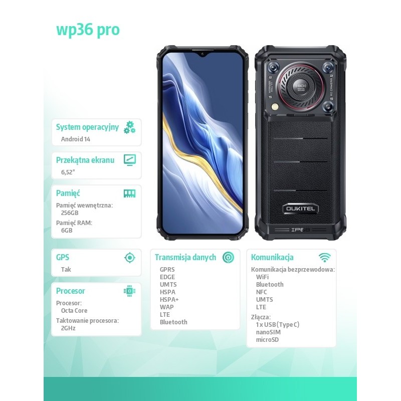 OUKITEL Smartfon WP36 Pro 4G 6/256GB IP68 czarny | PartsPC.pl