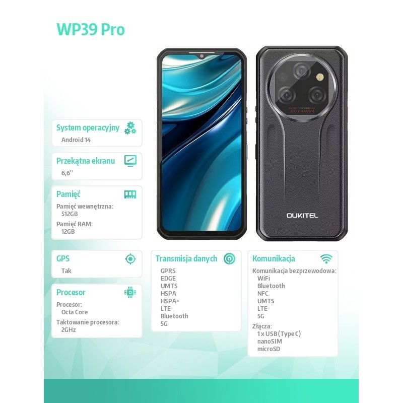 OUKITEL Smartfon WP39 Pro 5G 12/512GB IP69K Szary | PartsPC.pl