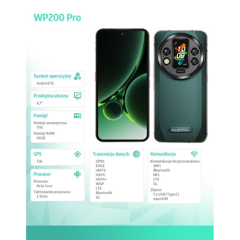 OUKITEL Smartfon WP200 Pro 5G 24GB/1TB IP69K Zielony | PartsPC.pl