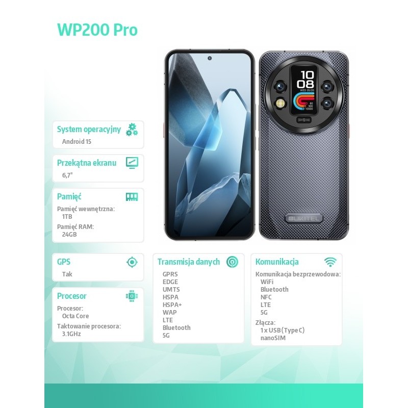 OUKITEL Smartfon WP200 Pro 5G 24GB/1TB IP69K Szary | PartsPC.pl