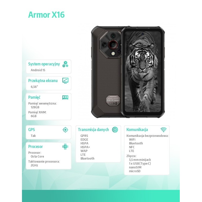 ULEFONE Smartfon Armor X16 4G 6/128GB IP69K czarny | PartsPC.pl