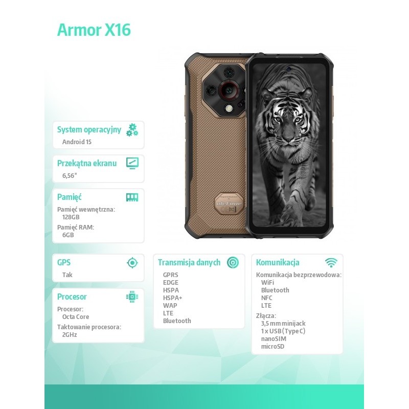 ULEFONE Smartfon Armor X16 4G 6/128GB IP69K brązowy | PartsPC.pl