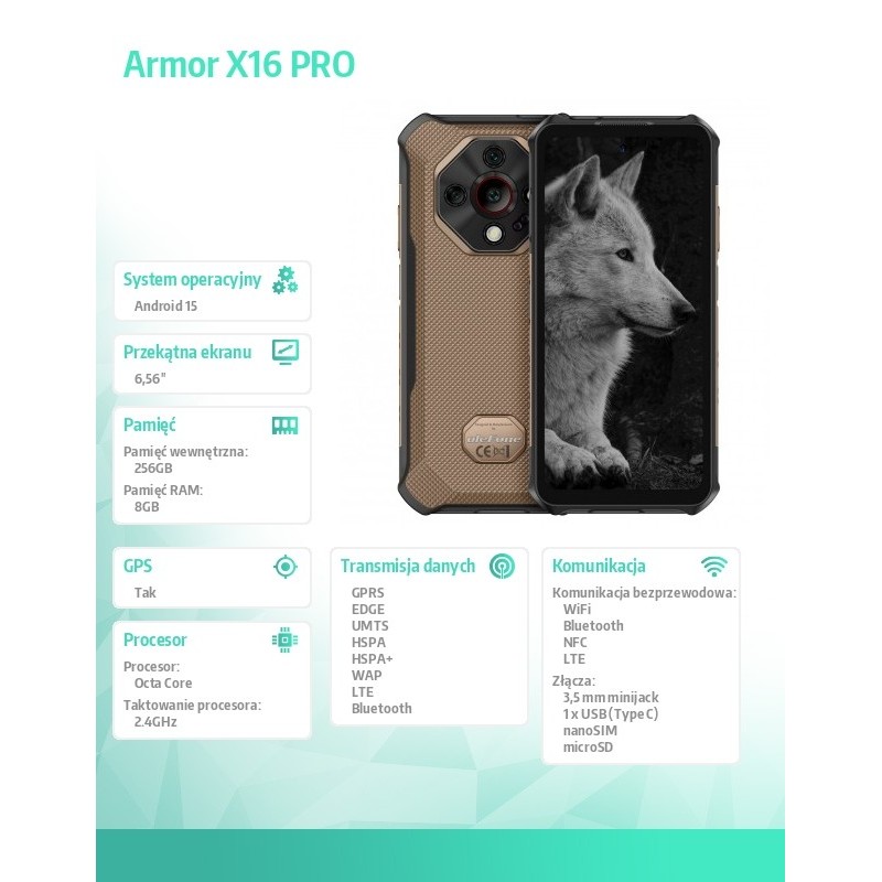 ULEFONE Smartfon Armor X16 Pro 5G 8/256GB IP69K brązowy | PartsPC.pl